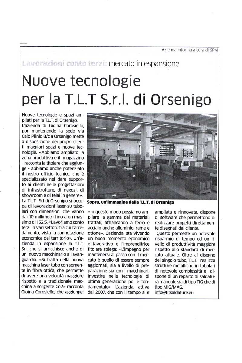 Articolo: "Nuove tecnologie per la TLT Srl di Orsenigo" 