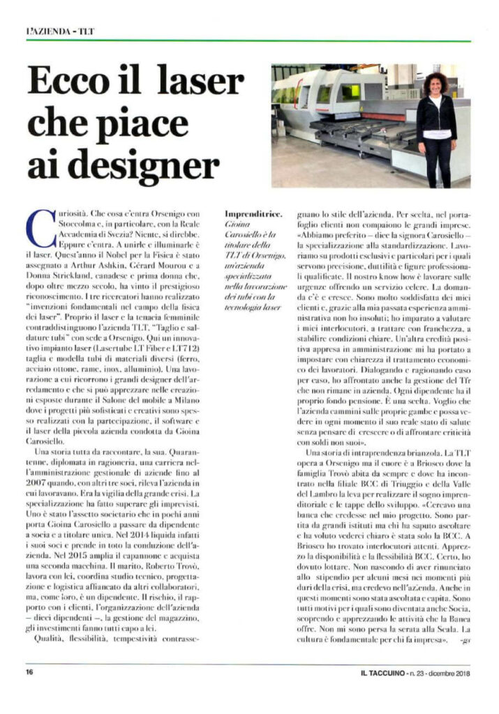 Articolo: "Tecnologia laser che aiuta i designer"